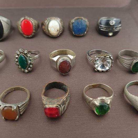 15 Antique Style Brass Rings Mixed Glass & Stone Ring Collection