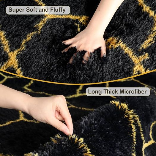 Geometric Rugs Living Room-160x230cm Extra Large Black Rug, Ultra Soft Fluffy Shaggy Rug for living room, Washable Anti Slip Area Rug Carpet