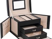_Jewelry Box, Jewelry Case, Travel Jewelry Box, Portable Jewelry Organizer, with 2 Drawers, Mirror, Lock and Keys, Lockable, 17.5 x 13.5 x 12 cm, Black