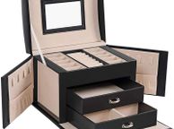 main image for ad _Jewelry Box, Jewelry Case, Travel Jewelry Box, Portable Jewelry Organizer, with 2 Drawers, Mirror, Lock and Keys, Lockable, 17.5 x 13.5 x 12 cm, Black