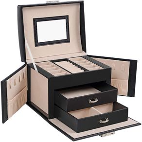 _Jewelry Box, Jewelry Case, Travel Jewelry Box, Portable Jewelry Organizer, with 2 Drawers, Mirror, Lock and Keys, Lockable, 17.5 x 13.5 x 12 cm, Black