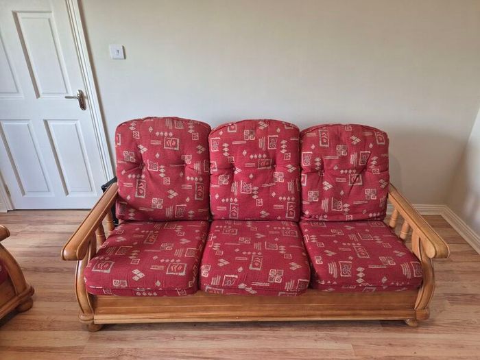 Wooden framed couch and Armchairs