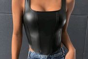 Antonella SHEIN BAE Square Neck Asymmetrical Hem PU Tank Top  Black, Size S