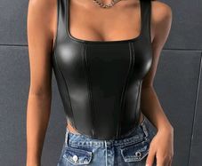 Antonella SHEIN BAE Square Neck Asymmetrical Hem PU Tank Top  Black, Size S