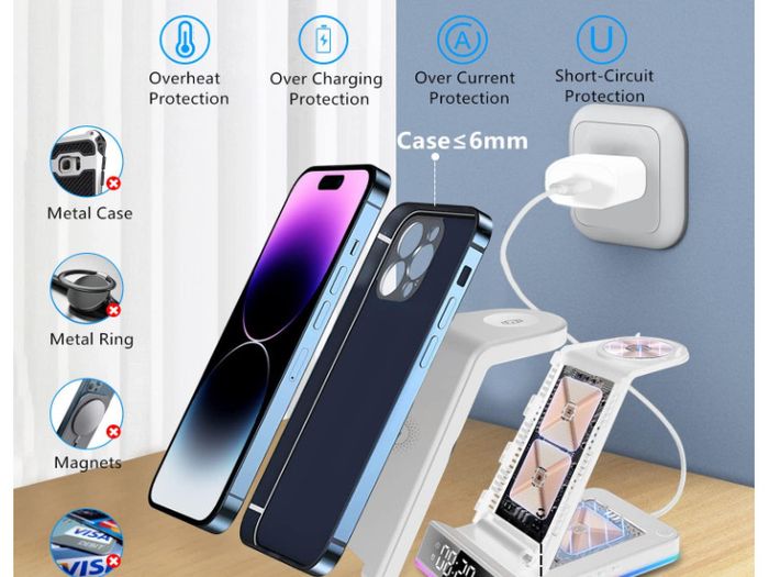 5-in-1 15w Magnetic Wireless Charger With Flashy Atmosphere Light/digital Clock