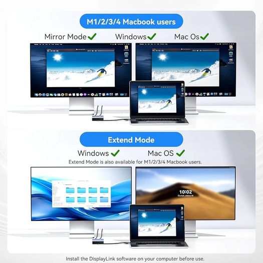 USB C to Dual HDMI DisplayLink Adapter, 4K@60Hz, 2 HDMI & 3 USB-A Ports, 100W PD Charging, USB C DisplayLink Docking Station for Mac M1/M2/M3/M4, Windows,USB A/C to Dual Monitor Adapter