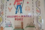 Embroidered Needlework Sampler."Freedom,Justice,Peace" 1945.