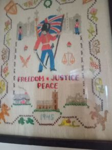 Embroidered Needlework Sampler."Freedom,Justice,Peace" 1945.
