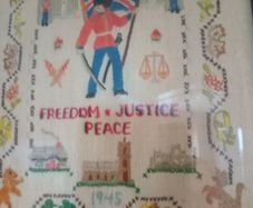 Embroidered Needlework Sampler."Freedom,Justice,Peace" 1945.