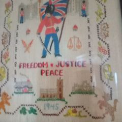 Embroidered Needlework Sampler."Freedom,Justice,Peace" 1945.