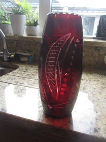 Ruby red cut glass 10 inch vase
