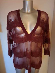 Next burgundy V-neck lace embroidered top size UK14 EU42 Perfect condition Postage included
