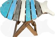 Small WOODEN FOLDING FISH shaped SIDE TABLE with distressed finish | Blue and Whitewash wood Colours | bring a simple seaside feel to any room or would fit into a nautical themed room