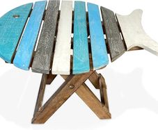 Small WOODEN FOLDING FISH shaped SIDE TABLE with distressed finish | Blue and Whitewash wood Colours | bring a simple seaside feel to any room or would fit into a nautical themed room