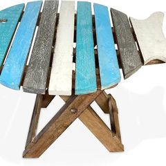 Small WOODEN FOLDING FISH shaped SIDE TABLE with distressed finish | Blue and Whitewash wood Colours | bring a simple seaside feel to any room or would fit into a nautical themed room
