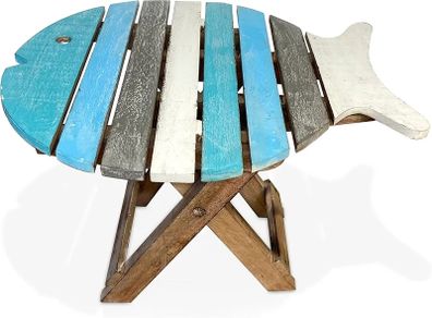 Small WOODEN FOLDING FISH shaped SIDE TABLE with distressed finish | Blue and Whitewash wood Colours | bring a simple seaside feel to any room or would fit into a nautical themed room
