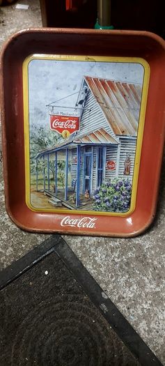 Coca cola metal drinks tray,used condition, see pictures for condition good solid used condition, nice display advertising item, buyer collects or pays postage thank you, sold as is ,front good ,back small bit of surface rust,,
