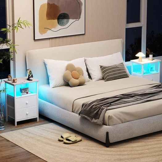 Bedside Table with Charging Station, Side Table with LED Light, Nightstand with 2 Fabric Drawers and Open Storage Shelf, Small Bedside Cabinet for Living Room, Bedroom, White