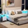Bedside Table with Charging Station, Side Table with LED Light, Nightstand with 2 Fabric Drawers and Open Storage Shelf, Small Bedside Cabinet for Living Room, Bedroom, White Image 2