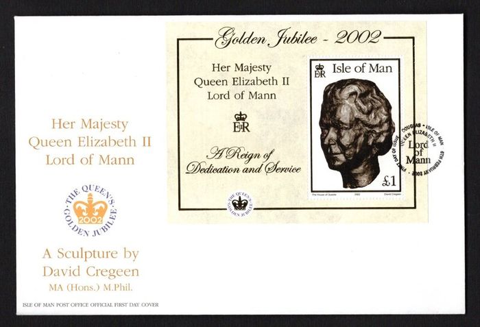 2002 Isle of Man Gulden Jubilee Her Majesty Elizabeth II Commemorative Stamp Miniature Sheet First Day Cover (FDC)