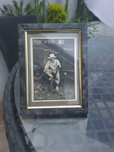 Vintage Bob Dylan black and white framed postcard with inscription