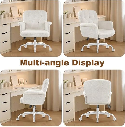 Home Office Desk Chair, Comfy Upholstered Fuzzy Vanity Chair with Wheels and Arms, Teddy Velvet Cute Adjustable Swivel Computer Seat for Living Room, Bedroom, Make Up and Salon, White
