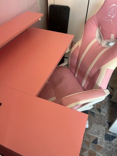 L Shaped Desk with Power Outlets & LED Lights & Pink Gaming Chair for Girls
