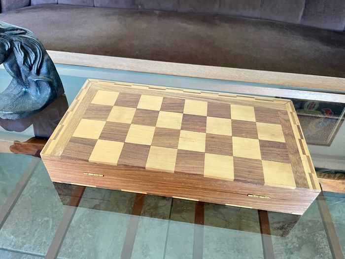 Vintage Marquetry Inlaid Folding Wooden Chess Board Chess Pieces Dice and Counters