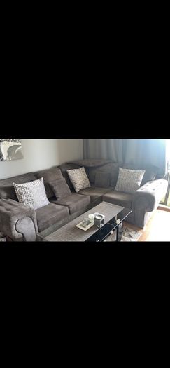 L shaped sofa with arm chair and pouf