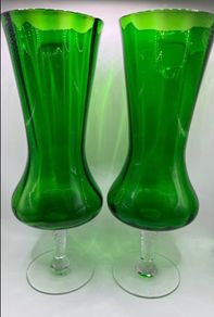 Pair of vintage Italian Empoli 10-inch emerald green vases