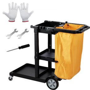 Commercial Cleaning Cart, 3-Shelf Commercial Janitorial Cart, 200 lbs Capacity Plastic Housekeeping Cart, with 25 Gallon PVC Bag, 120 x 51 x 98 cm, Yellow+Black