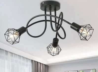 3 Way Ceiling Light Fixture Rotatable Retro Spotlight Fitting E14 Base Angle Adjustable with Black Metal Cage Flush Mount for Bedroom Living Room Hallway (FREE POSTAGE)