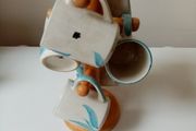 6 Vintage 80s hand painted porcelain mugs &amp; mug tree