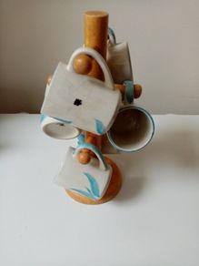 6 Vintage 80s hand painted porcelain mugs & mug tree