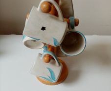 6 Vintage 80s hand painted porcelain mugs & mug tree