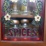 Vintage Wood Spice Rack Cabinet Glass Door Faux Stained Glass 2 Tier 8 Jars Image 3