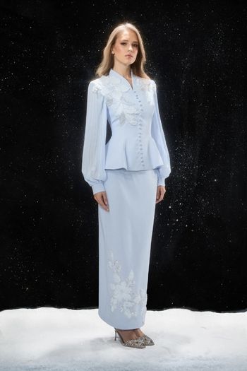 Confident Sensation Blue Floral Embroidery Pleated Sleeve Skirt Set