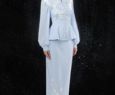Confident Sensation Blue Floral Embroidery Pleated Sleeve Skirt Set