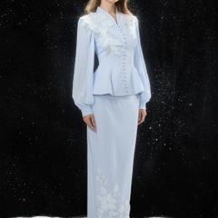 Confident Sensation Blue Floral Embroidery Pleated Sleeve Skirt Set