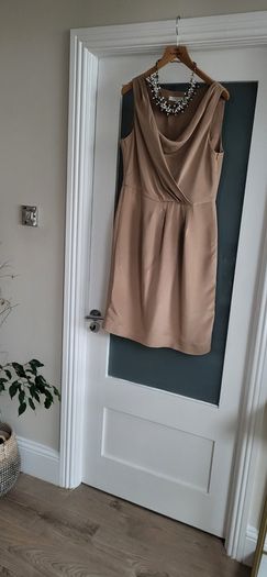 LK BENNETT 100% Silk Tan Cowl neck dress Sz 14 UK (Fit 14-16UK) - Rrp 225 (New)