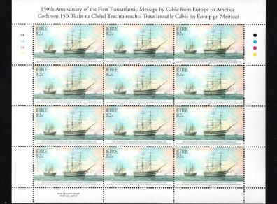 2008 Ireland 150th Anniversary of the First Transatlantic Message by Cable from Europe to America Commemorative Stamp Sheetlet Plate 1A1A1A1A Mint Never Hinged (MNH)