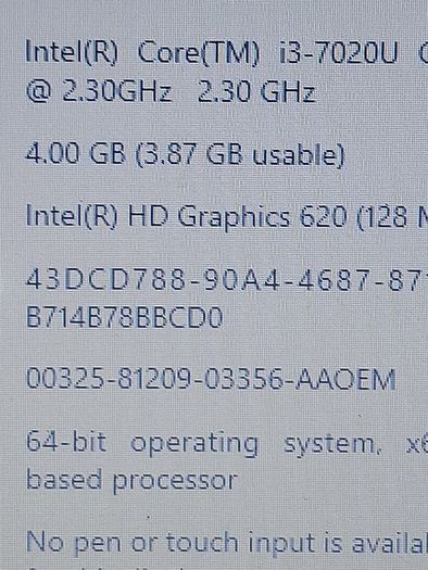 DELL Inspiron 15, Model 5100, Intel Core i3=7020U CPU, 2.3GHz, 4GB Ram, 1 Terrabyte HDD, Windows 10 64bit, Microsoft Edge, Chrome and VLC