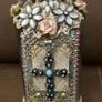 Stunning Vintage Style Altered Art Glass Bottle  Decorative Cross and Floral Detail Image 3