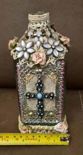Stunning Vintage Style Altered Art Glass Bottle  Decorative Cross and Floral Detail