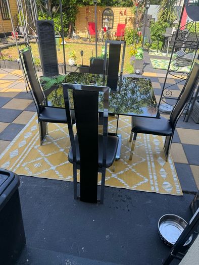 Black Glass and chrome dining table and chairs