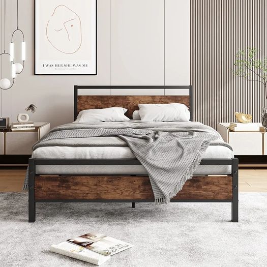 Double Bed Frame with Wooden Headboard,135x190cm,Vintage Brown Metal Platform Bed Frame Double Bed Base No Box Spring Needed,Heavy Duty Steel Slats,Underbed Storage Space,Easy to Assemble