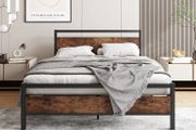 Double Bed Frame with Wooden Headboard,135x190cm,Vintage Brown Metal Platform Bed Frame Double Bed Base No Box Spring Needed,Heavy Duty Steel Slats,Underbed Storage Space,Easy to Assemble