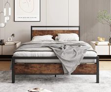 Double Bed Frame with Wooden Headboard,135x190cm,Vintage Brown Metal Platform Bed Frame Double Bed Base No Box Spring Needed,Heavy Duty Steel Slats,Underbed Storage Space,Easy to Assemble