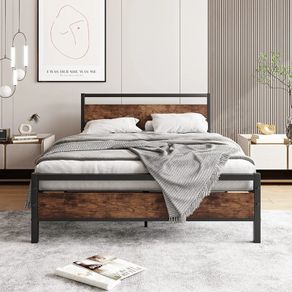Double Bed Frame with Wooden Headboard,135x190cm,Vintage Brown Metal Platform Bed Frame Double Bed Base No Box Spring Needed,Heavy Duty Steel Slats,Underbed Storage Space,Easy to Assemble