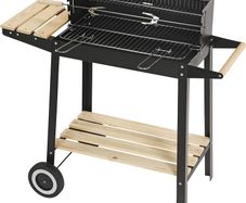 Trolley Charcoal Rectangular Steel BBQ Barbecue Grill Outdoor Patio Garden W/Wheels Wooden Shelves